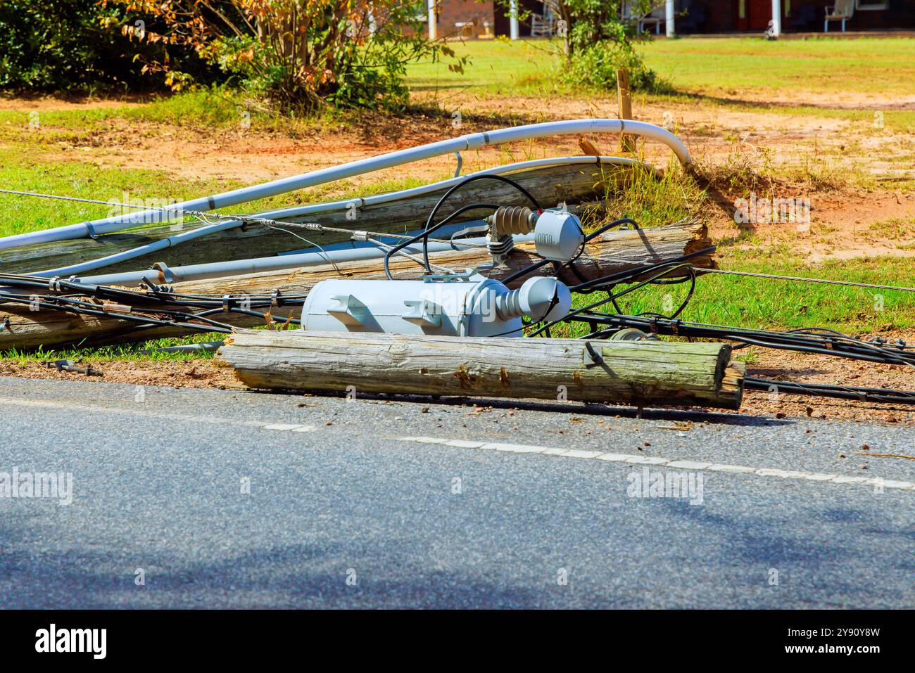 Several broken power lines lie crashed wires on ground following storm ...