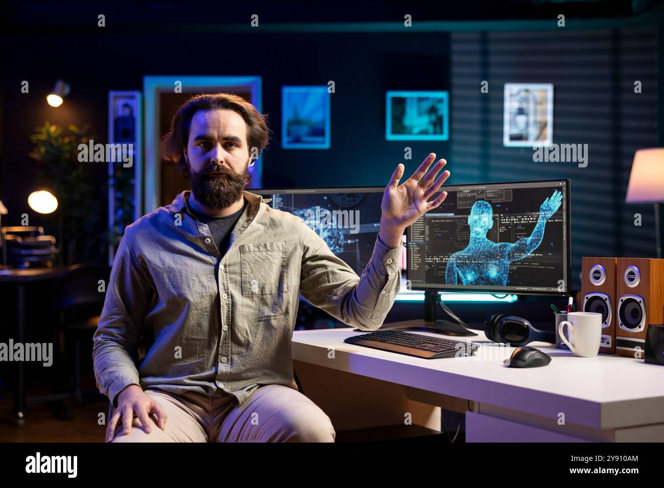 Sentient AI taking control of creator, moving his limbs, starting robot uprising posing risk to mankind. Artificial intelligence possessing programmer, planning to do human extinction Stock Photo