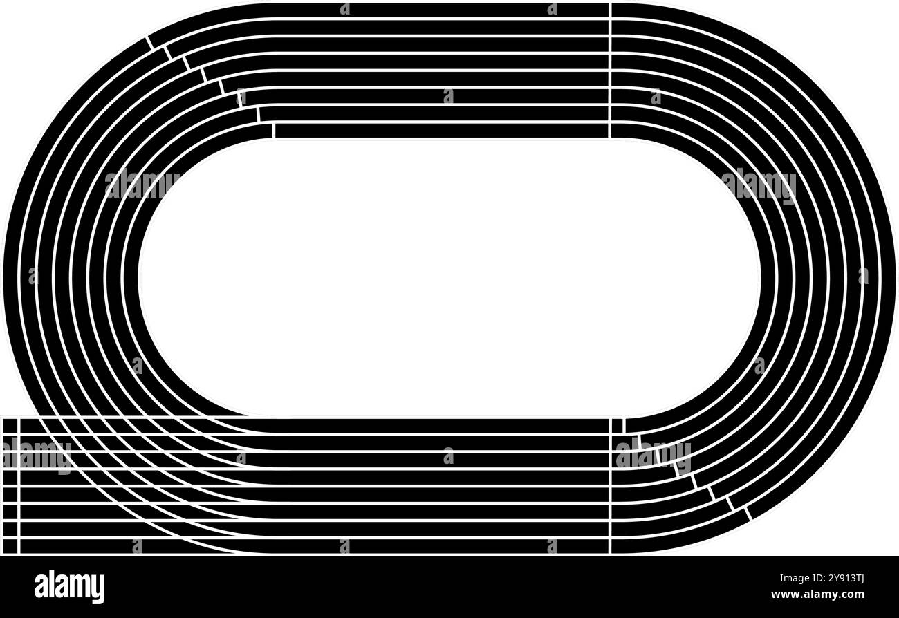 Black running track icon. Stadium top view. Racetrack for sprint, marathon or other athletic sports competition isolated on white background. Vector graphic illustration. Stock Vector