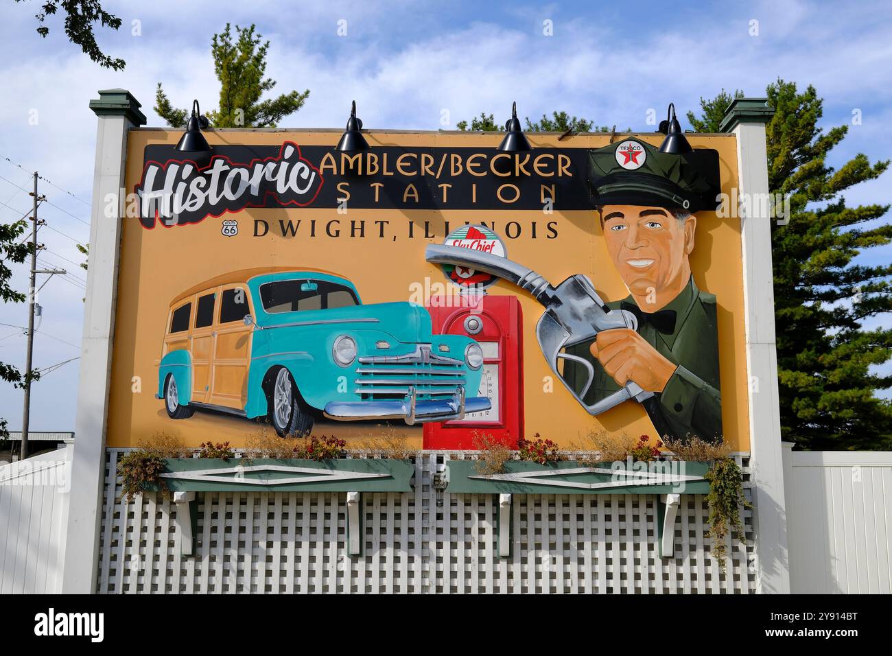 Sign for the Historic Ambler/Becker Gas Station along old Route 66 in Dwight, Illinois Stock Photo