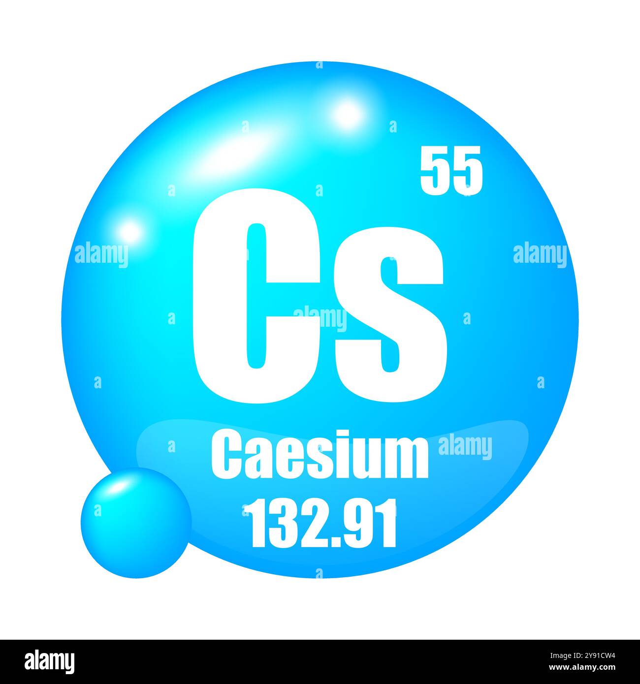 Caesium icon. Cs chemical element. Atomic number 55. Mass 132.91. Blue sphere. Stock Vector