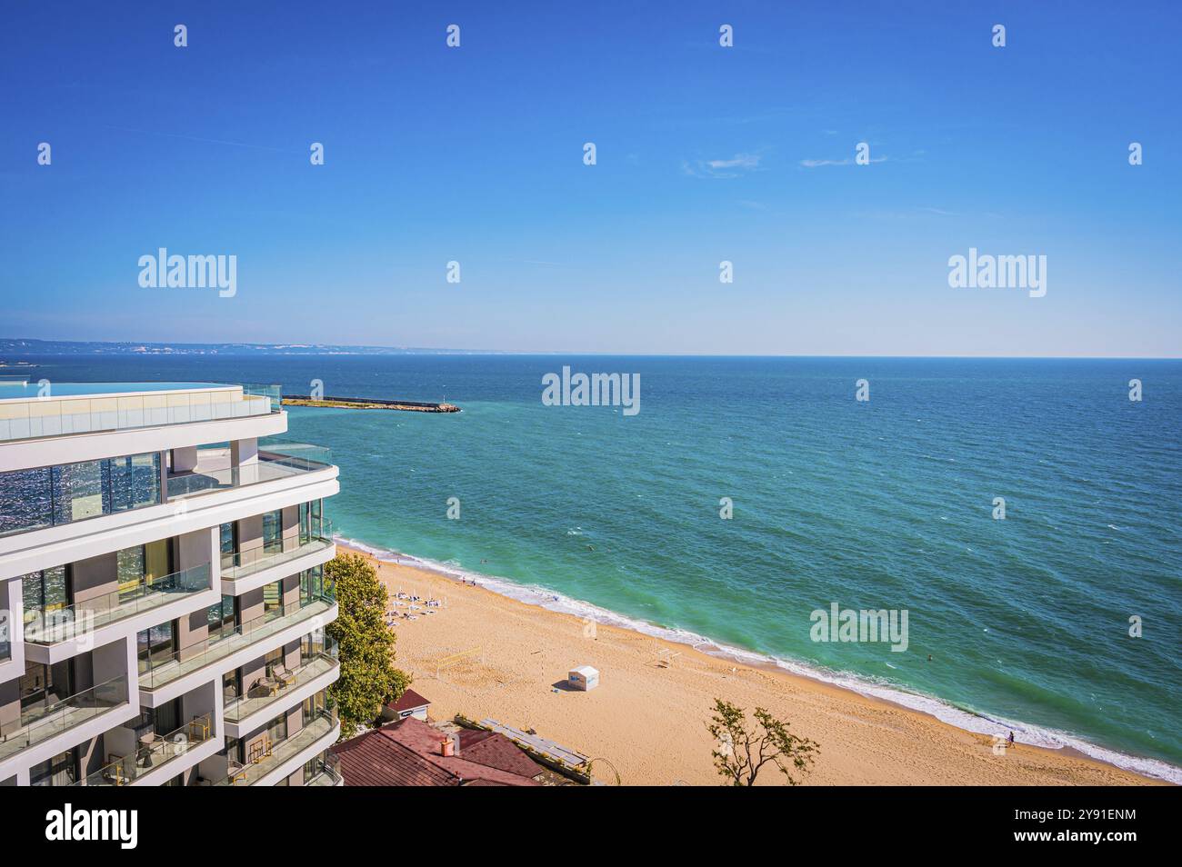 View from a hotel onto the endless golden beach on the blue (black) sea, Golden Sands, Varna, Bulgaria, Europe Stock Photo