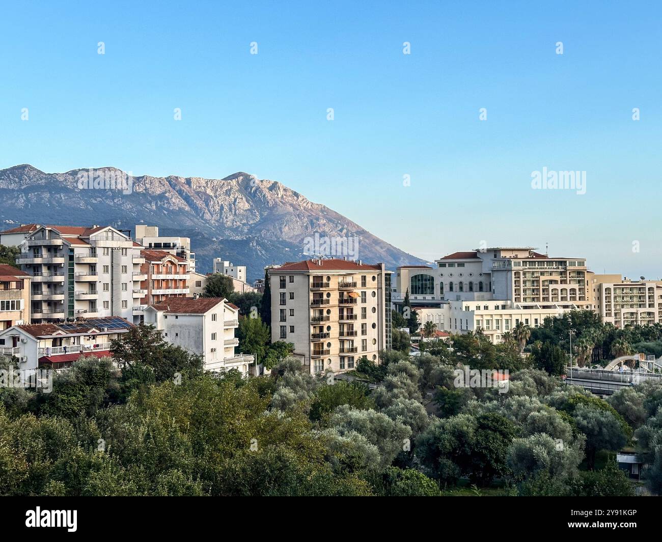 Becici, Montenegro, View of the city, sea and mountains at summer day Stock Photo