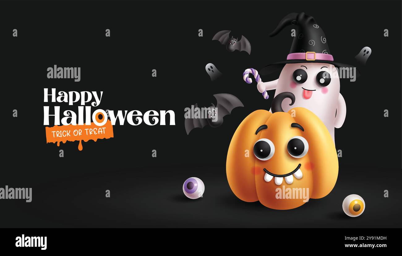 Happy halloween greeting vector design. Trick or treat halloween text with cute pumpkin, funny ghost and flying bat characters in dark black Stock Vector