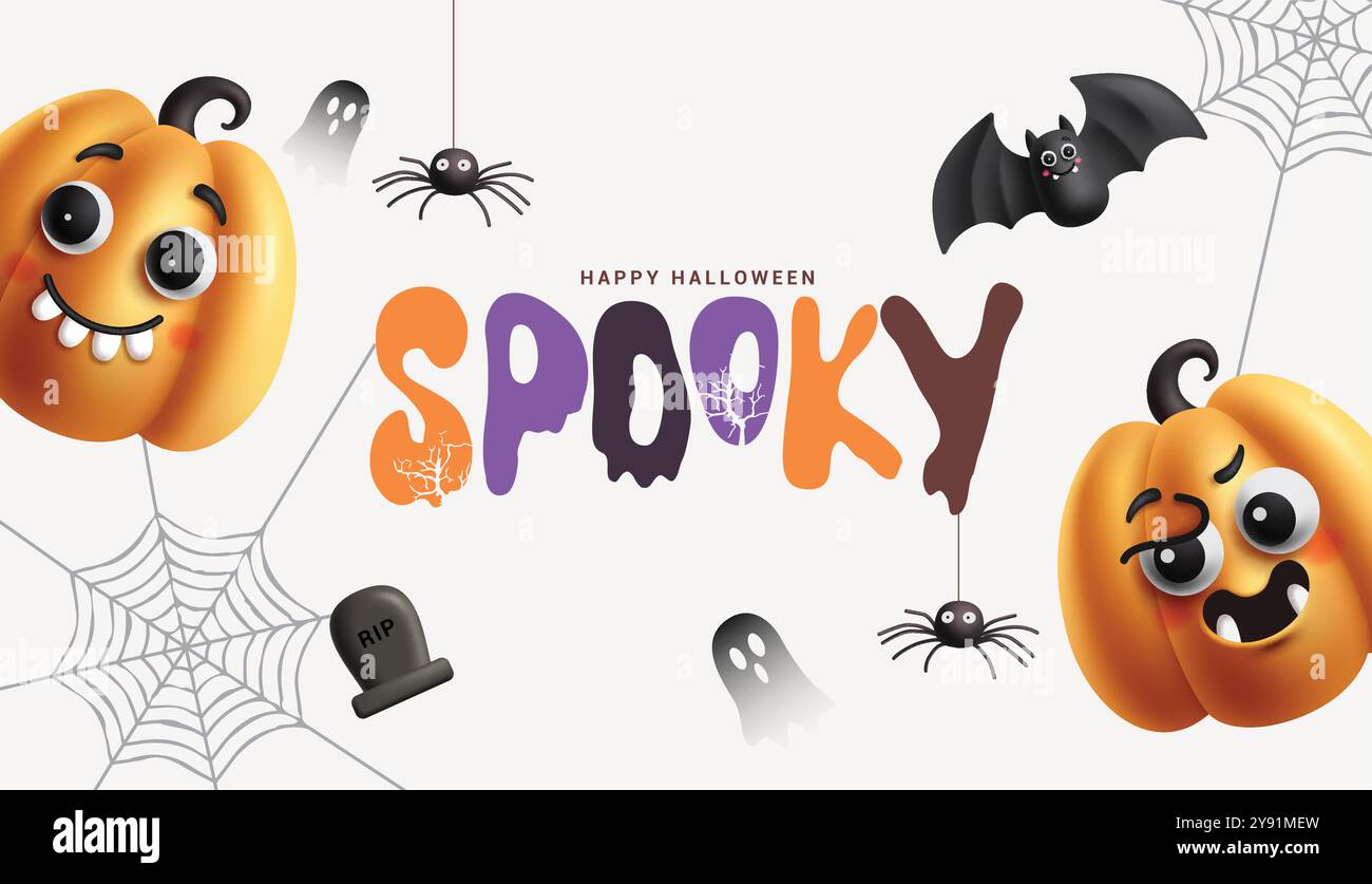 Halloween spooky greeting text vector design. Happy halloween spooky party night invitation card with pumpkins cute characters in white background. Stock Vector