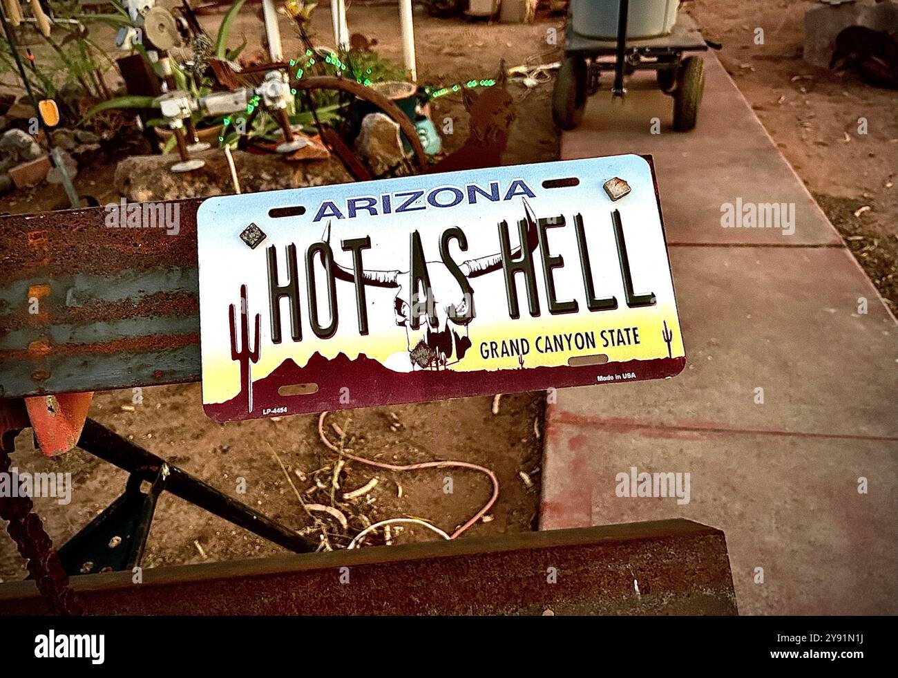 A license plate is used as a yard ornament commenting on excessive heat, Sonoran Desert, Tucson, Arizona, USA. - Smartphone Captured Stock Image
