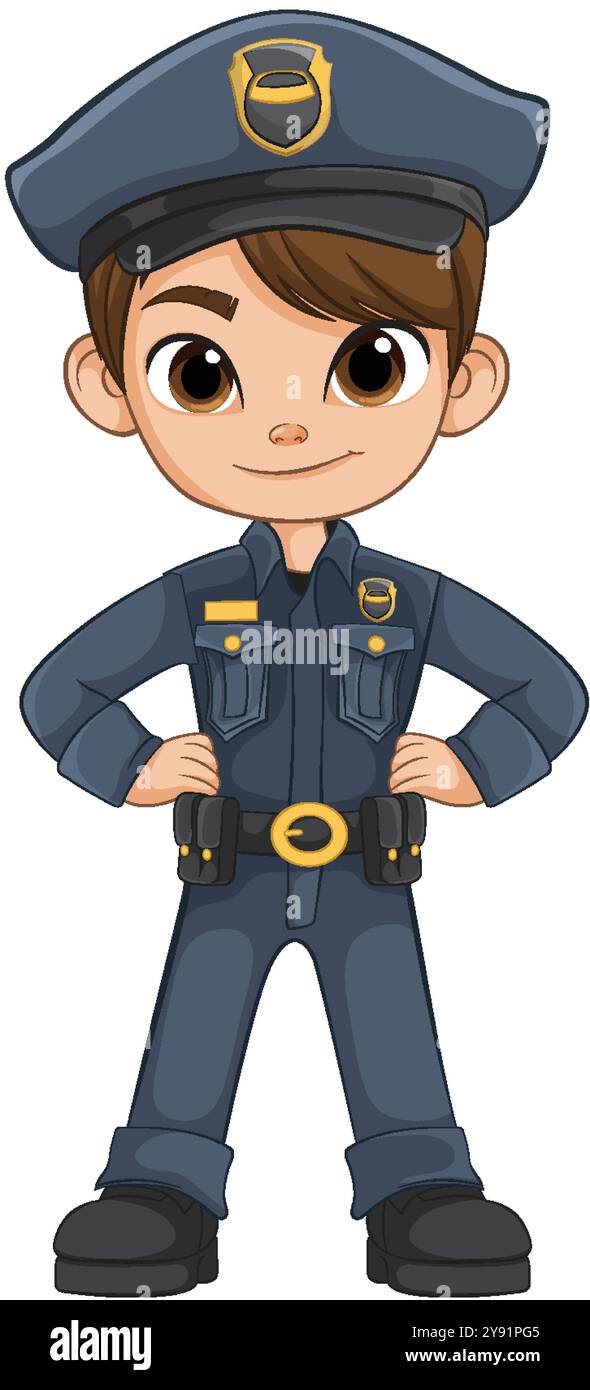 Smiling police officer in uniform, hands on hips Stock Vector