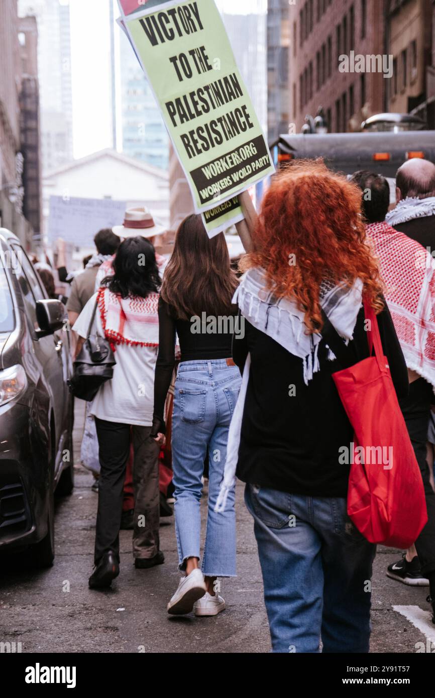 NEW YORK, NEW YORK - OCTOBER 7, 2024: Pro-Palestinian demonstrators gather in Manhattan, calling for an end to U.S. support to Israel Stock Photo