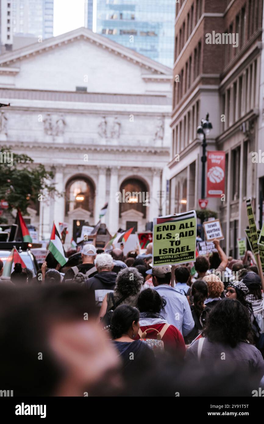 NEW YORK, NEW YORK - OCTOBER 7, 2024: Pro-Palestinian demonstrators gather in Manhattan, calling for an end to U.S. support to Israel Stock Photo