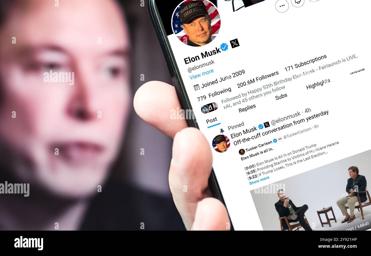 Poltava, Ukraine, October 08, 2024. Elon Musk Twitter profile page on a