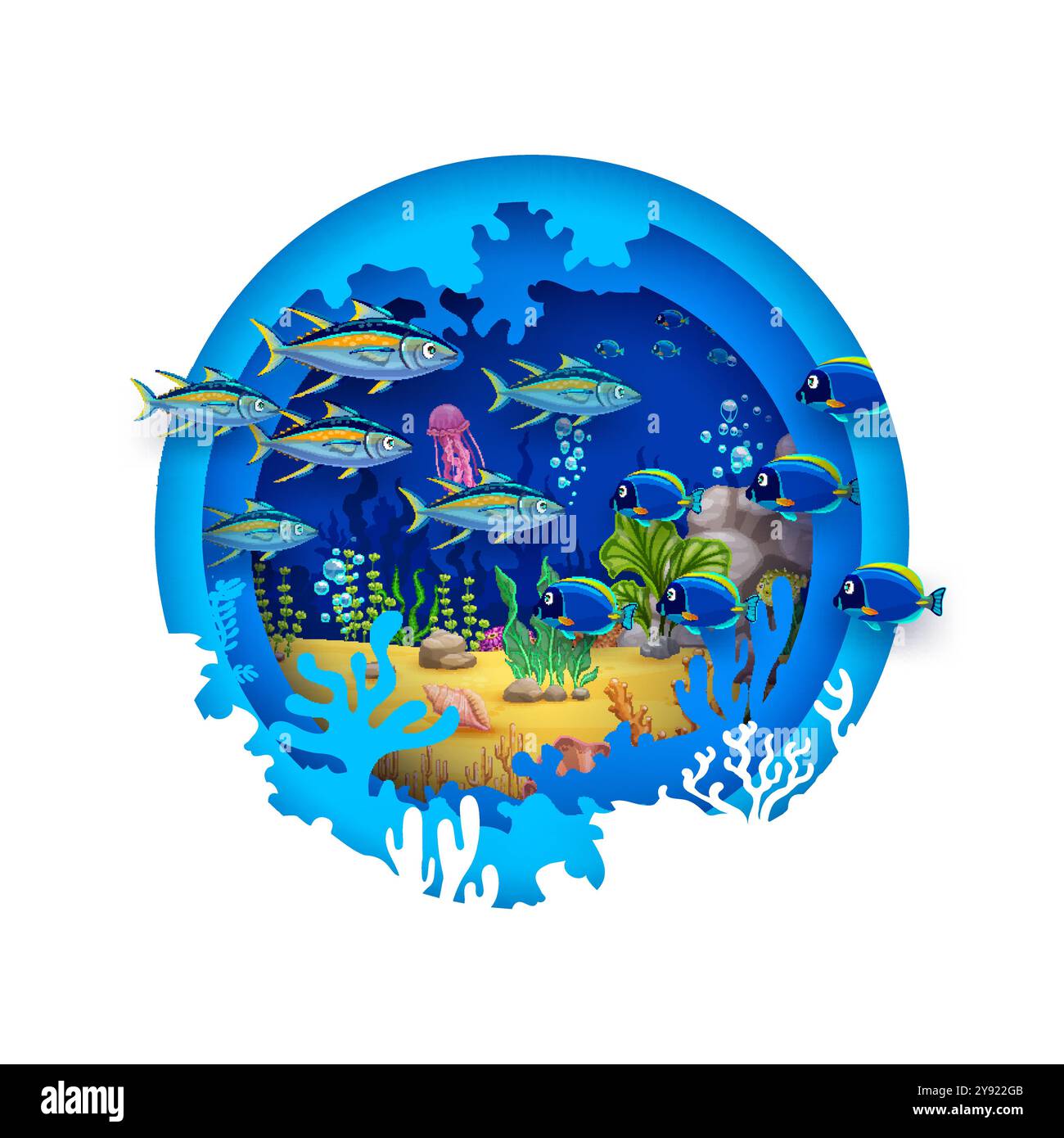 Paper cut round banner with underwater landscape and tropical fish ...