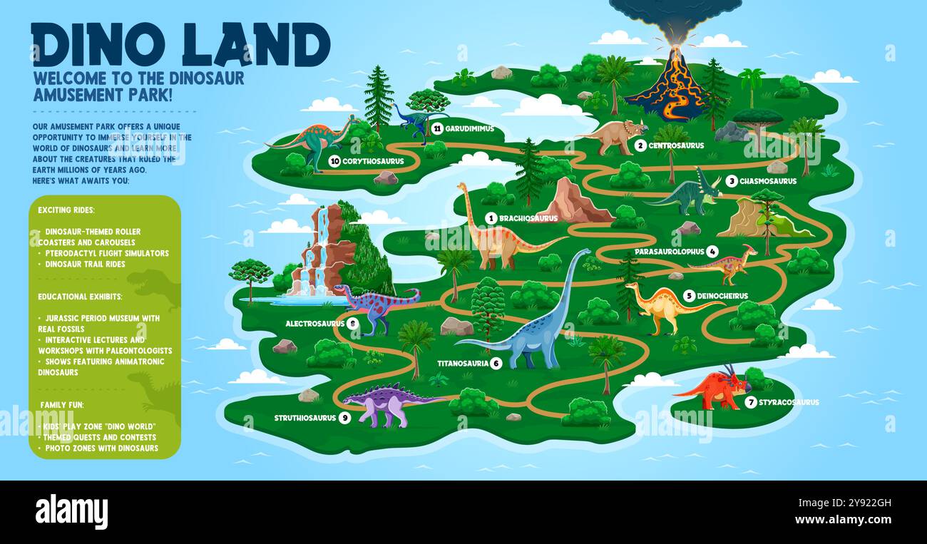 Dino park map with prehistoric dinosaur animals of Jurassic era, vector template. Dino land