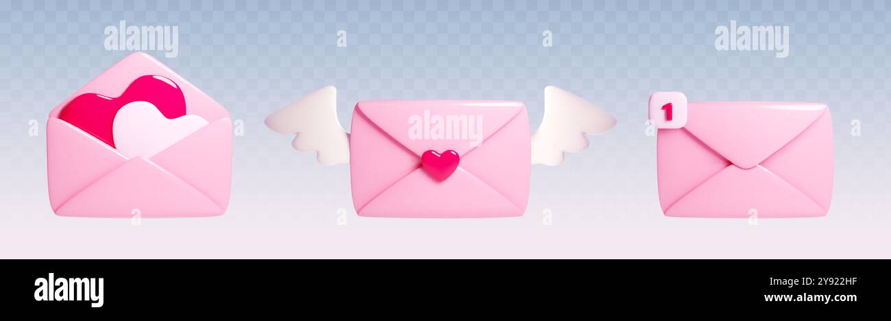 3d love letter - closed and open pink paper envelope with heart shapes ...