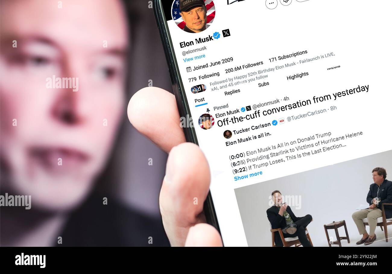 Poltava, Ukraine, October 08, 2024. Elon Musk Twitter profile page on a