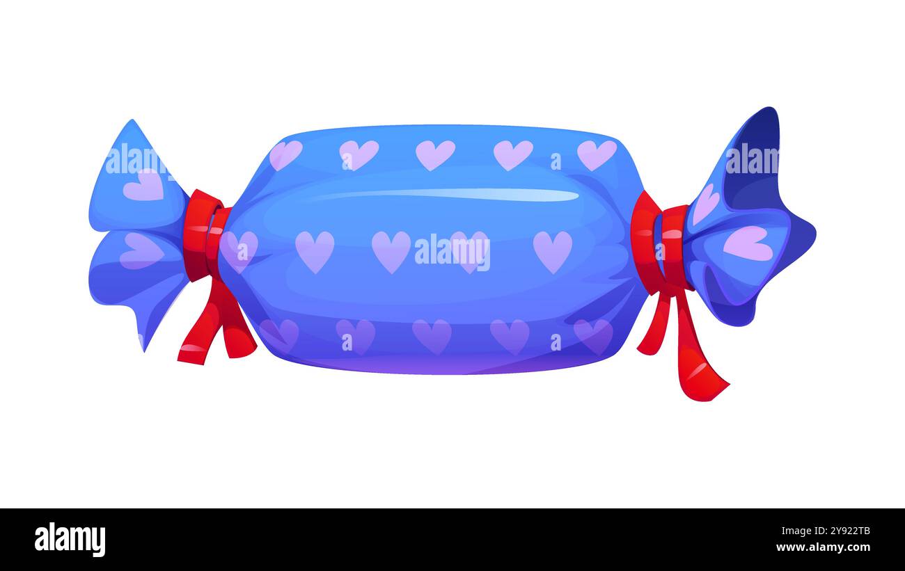 Candy-shaped gift package with bright blue wrapping adorned with pink hearts and tied with red ribbons on both ends. Isolated vector present for Valentine Day, birthday, Christmas holiday celebrations Stock Vector