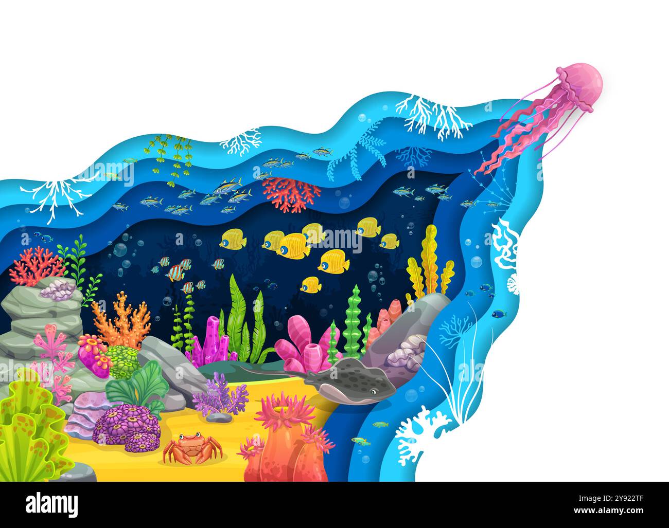 Paper cut underwater landscape with jellyfish, seaweeds, corals and ...