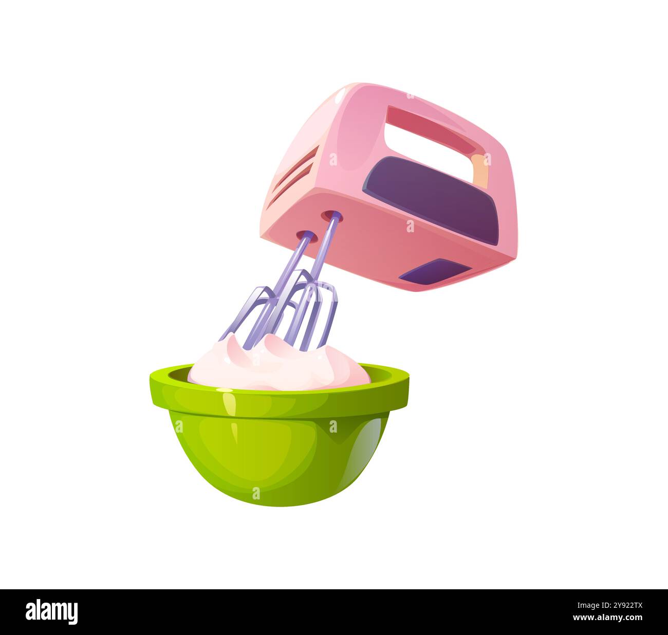 Electric mixer with cream in bowl for food cooking process, cartoon vector icon. Mixer baking kitchenware or bakery household appliance for cooking process of dough preparation or pastry cream mixing Stock Vector