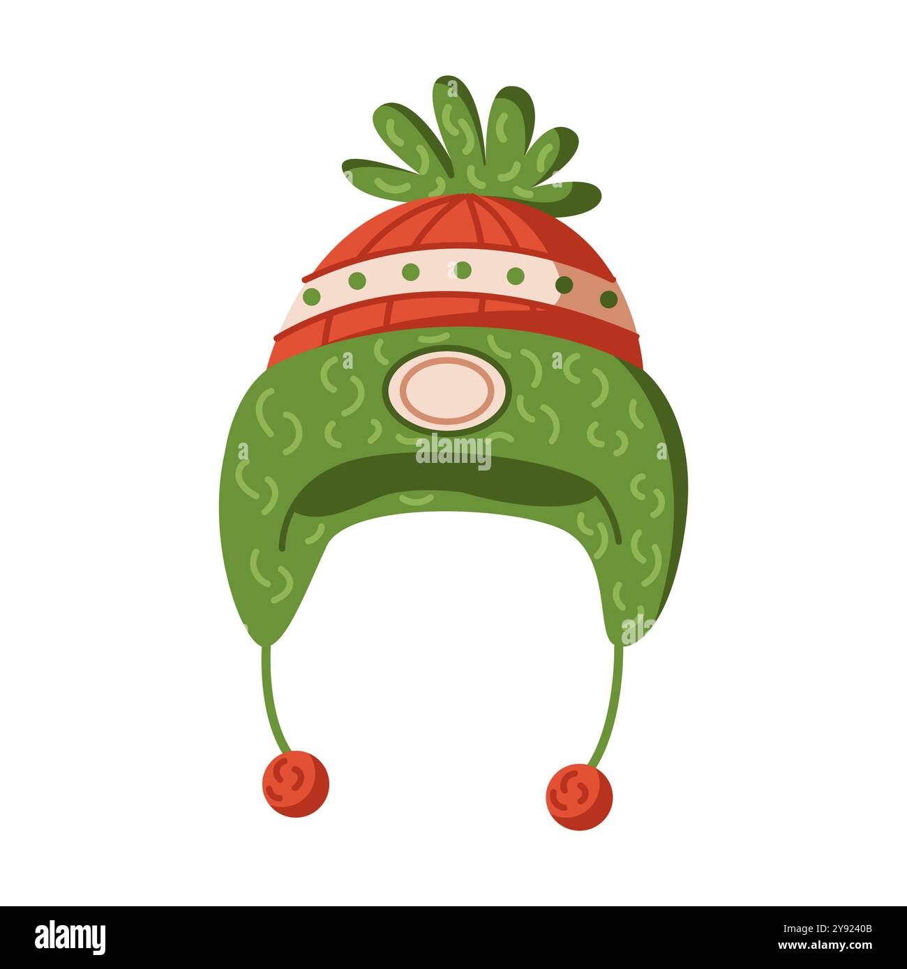 Knitted hat with pompom and strings flat vector object Stock Vector