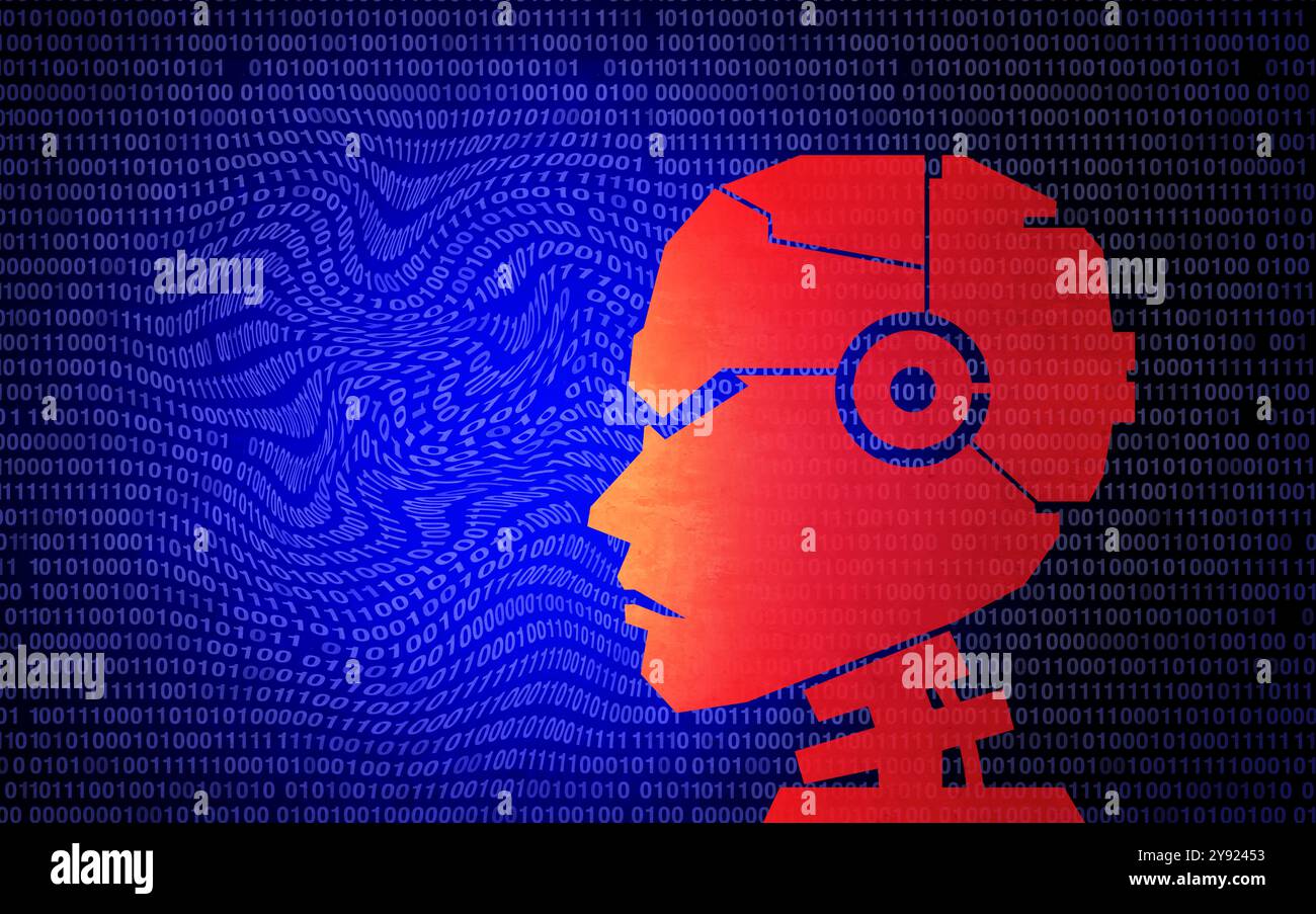 Evil Robot Concept and rogue AI risk as robots gone bad and Malicious code and computer malfunction or corrupt machine learning and dangerous Stock Photo