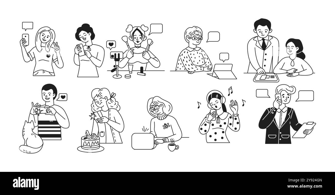 People using electronic devices for various purposes icons set Stock Vector