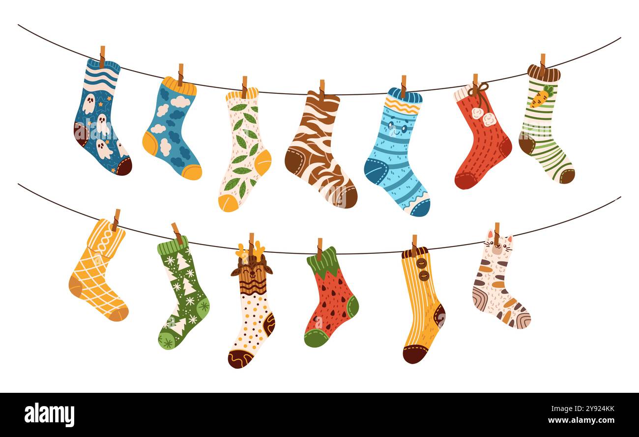 Colorful socks with patterns hanging on clotheslines image Stock Vector
