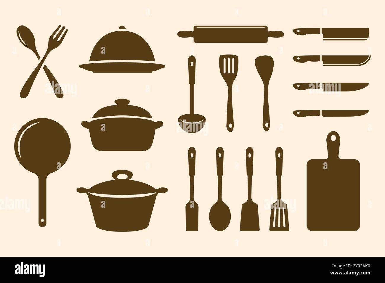 A set of kitchen tools, utensils, and cookware, including a rolling pin, knives, a ladle, a pot, a pan, a spoon, and a fork. Stock Vector