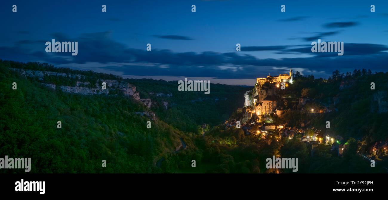 Blue hour twilight at Rocamadour, Lot, Occitania, France. Stock Photo