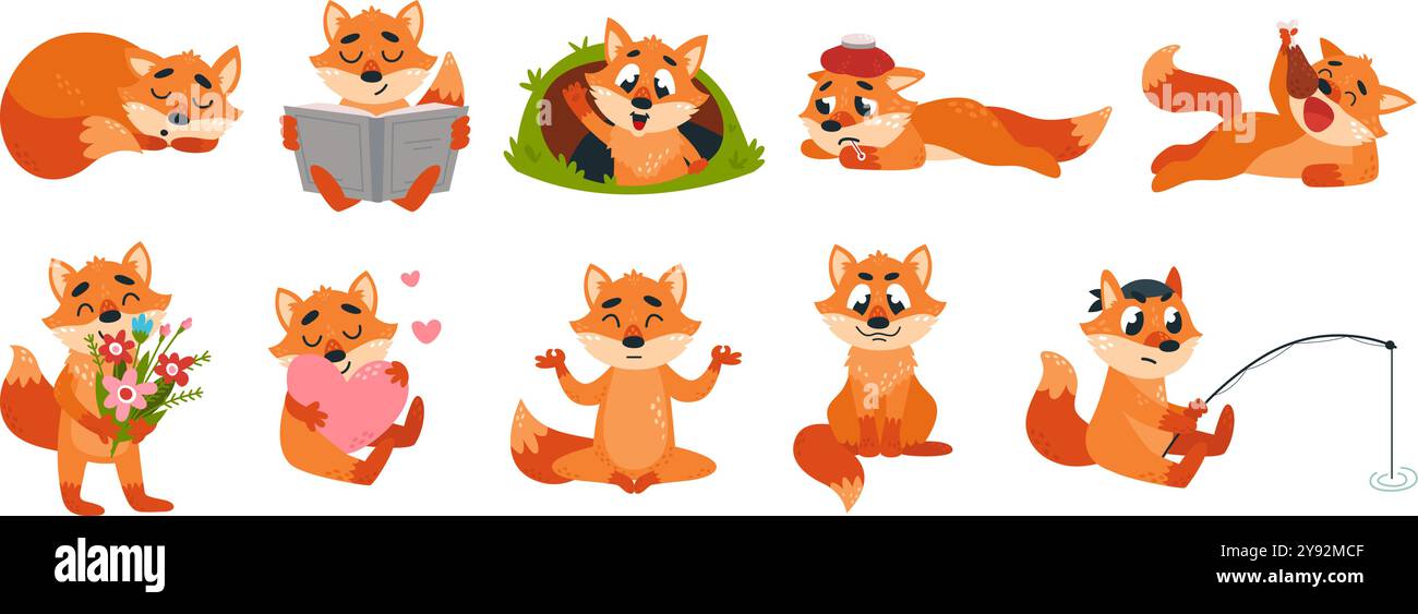 red-fox-characters-wild-foxes-sleeping-eating-looking-from-hole-and
