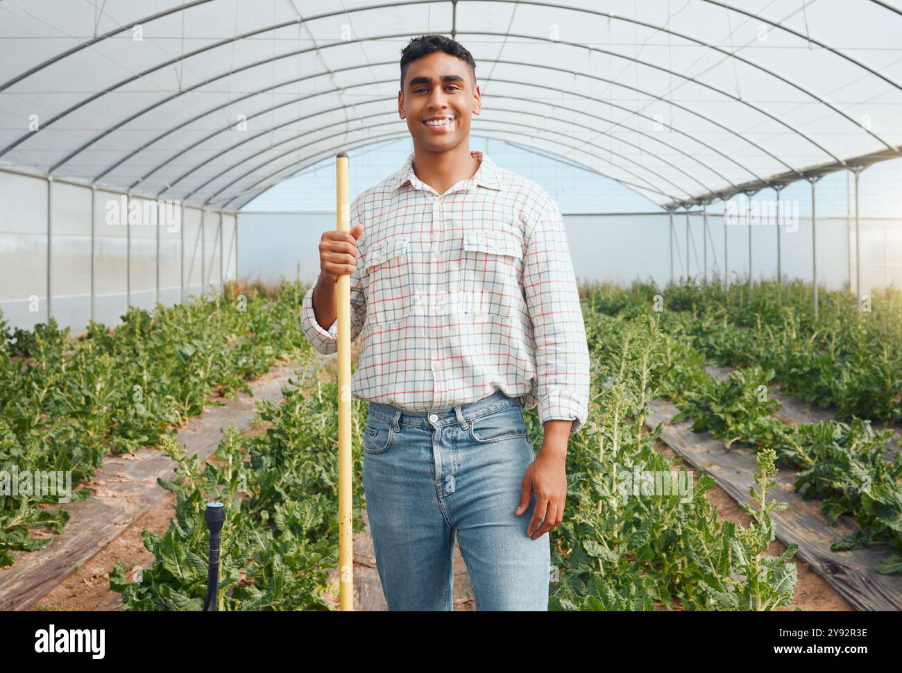 Farmer, tools and portrait in greenhouse for agriculture, harvest and ...