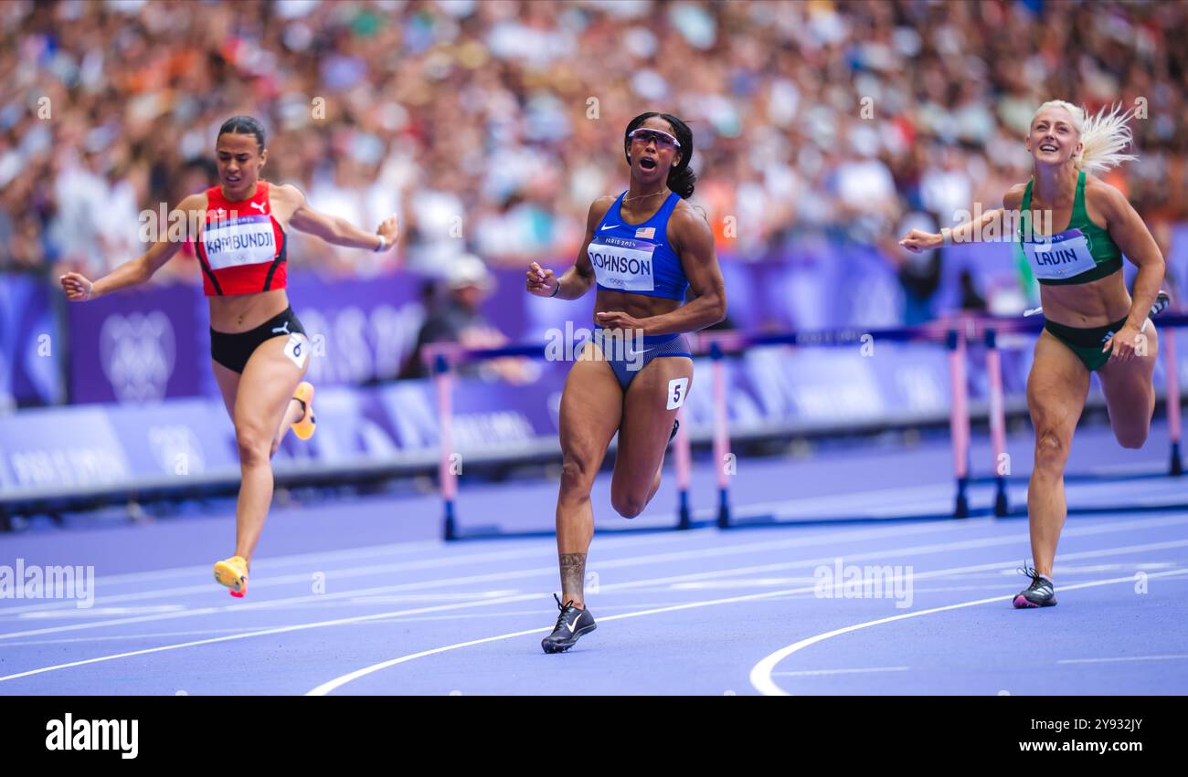 Alaysha Alaysha Johnson participating in the 100 meters hurdles at the Paris ...