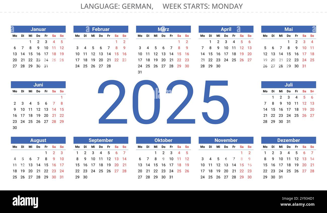 2025 year GERMAN calendar - kalender. Vector illustration for Germany ...