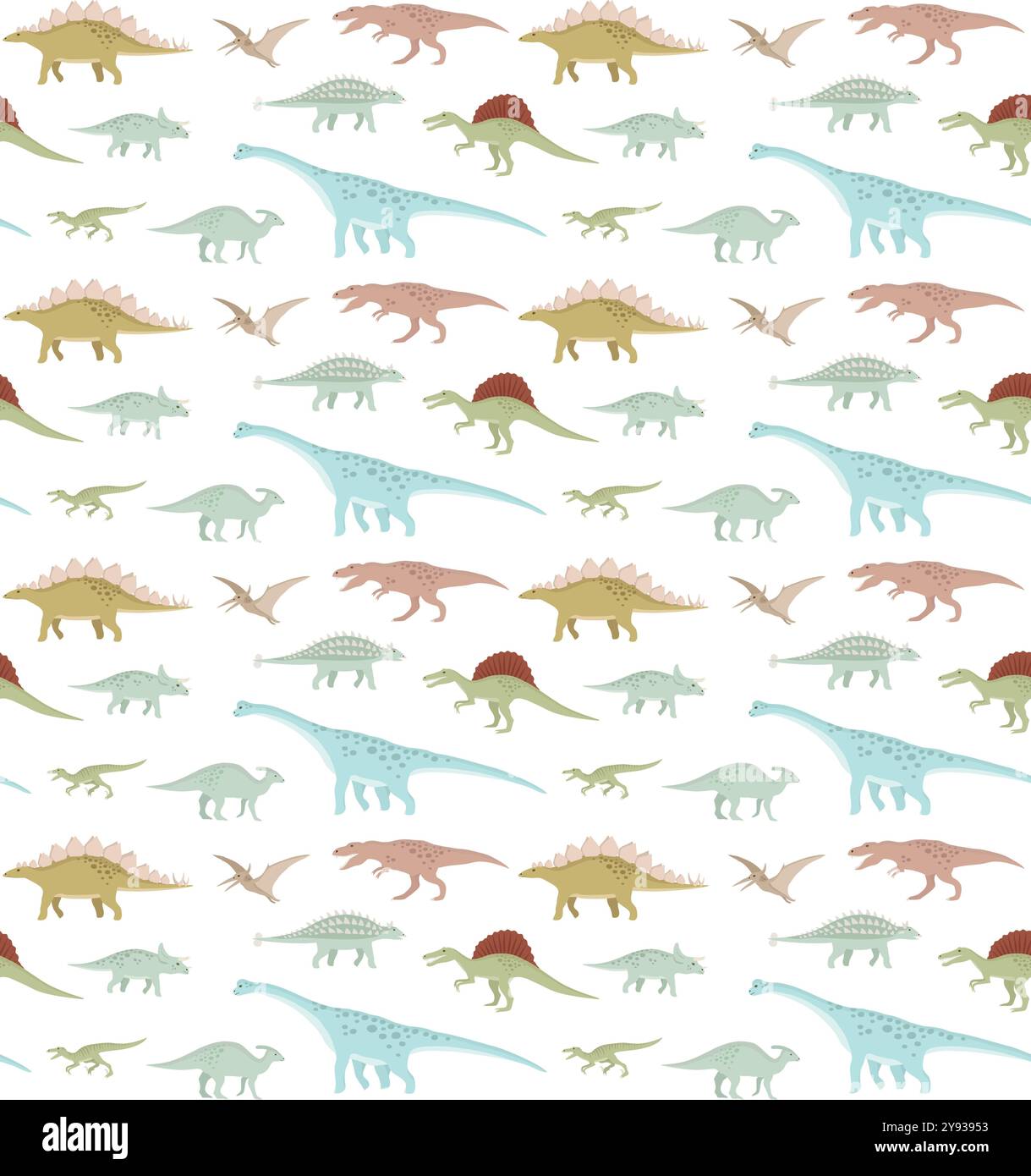Vector seamless pattern of flat hand drawn dinosaurs isolated on white ...