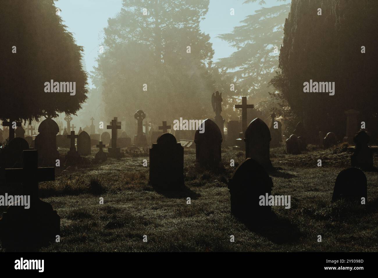 A spooky Victorian graveyard. With graves silhouetted by fog on a mysterious creepy winters night. Stock Photo