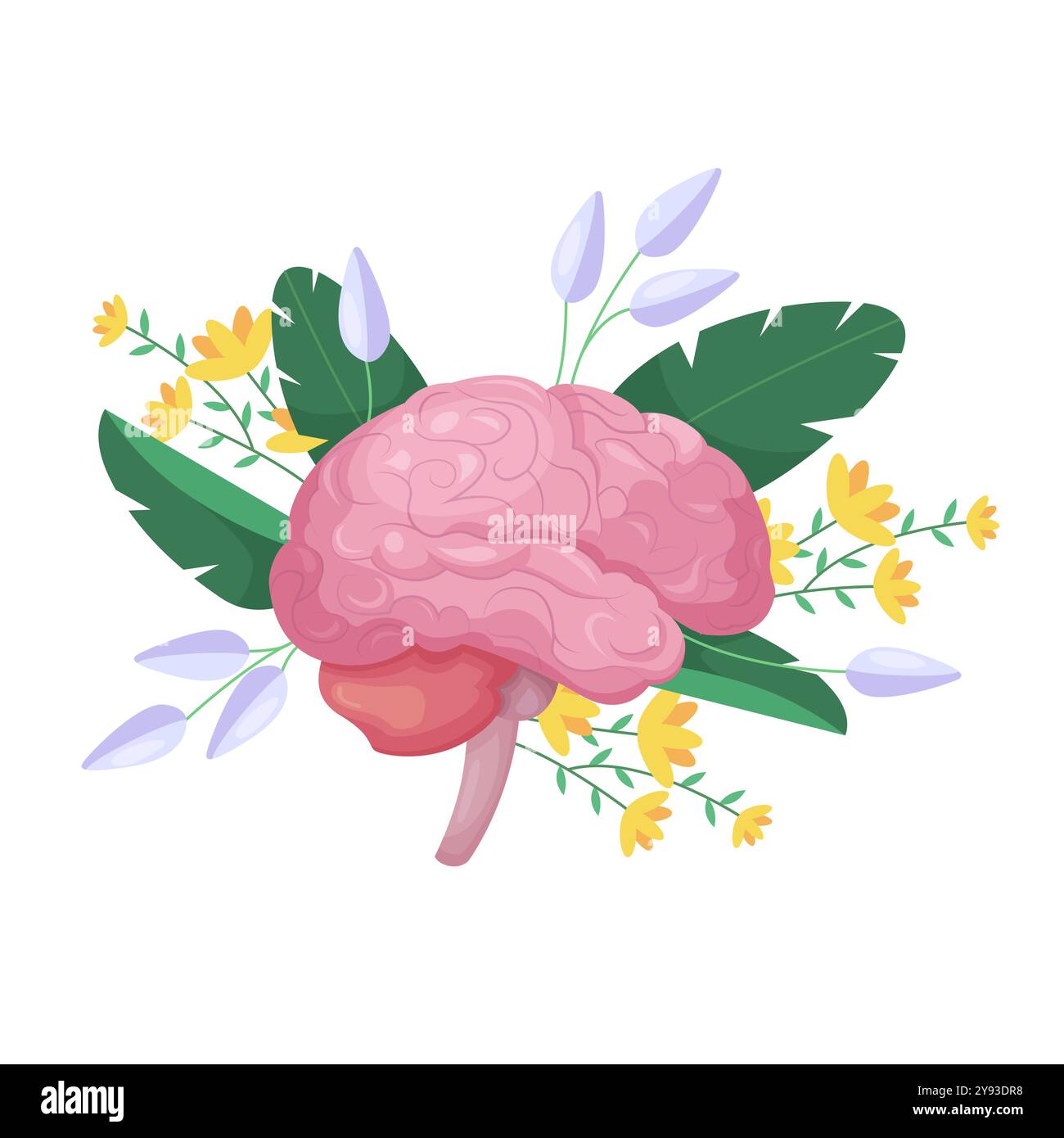 Human brain with floral decoration, wreath of flowers and leaves vector ...