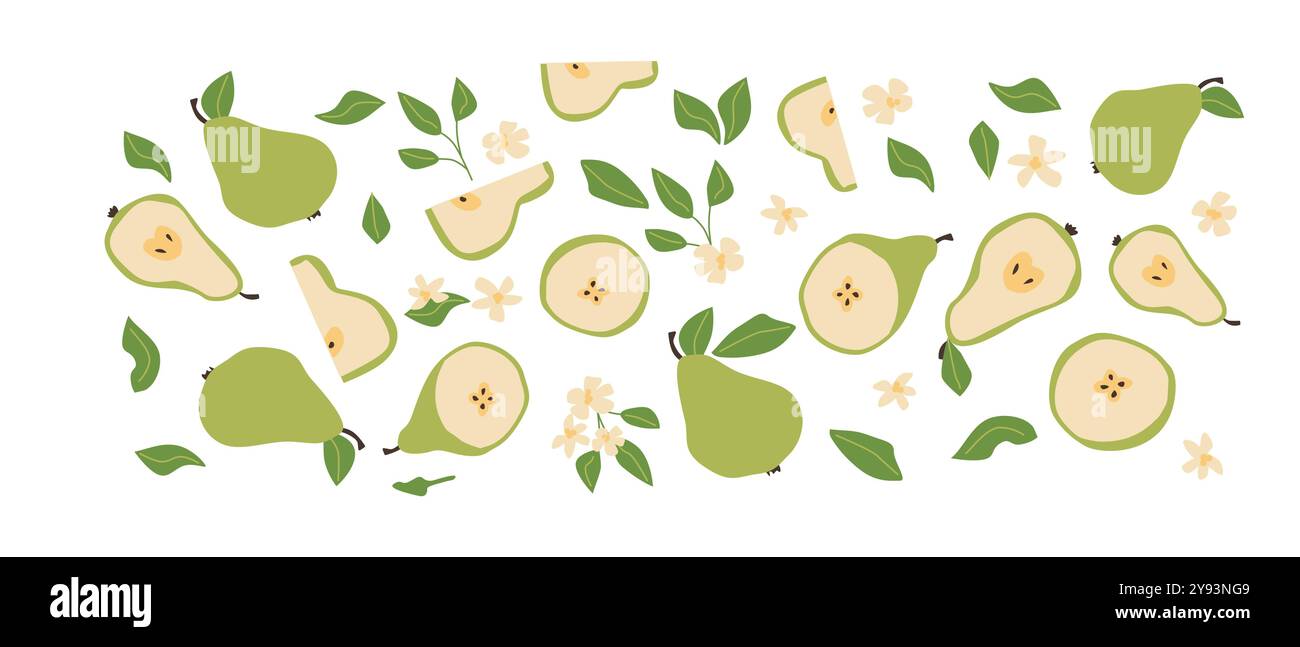 Hand drawn abstract fruit plant set. Whole fruit, slices, pieces and ...