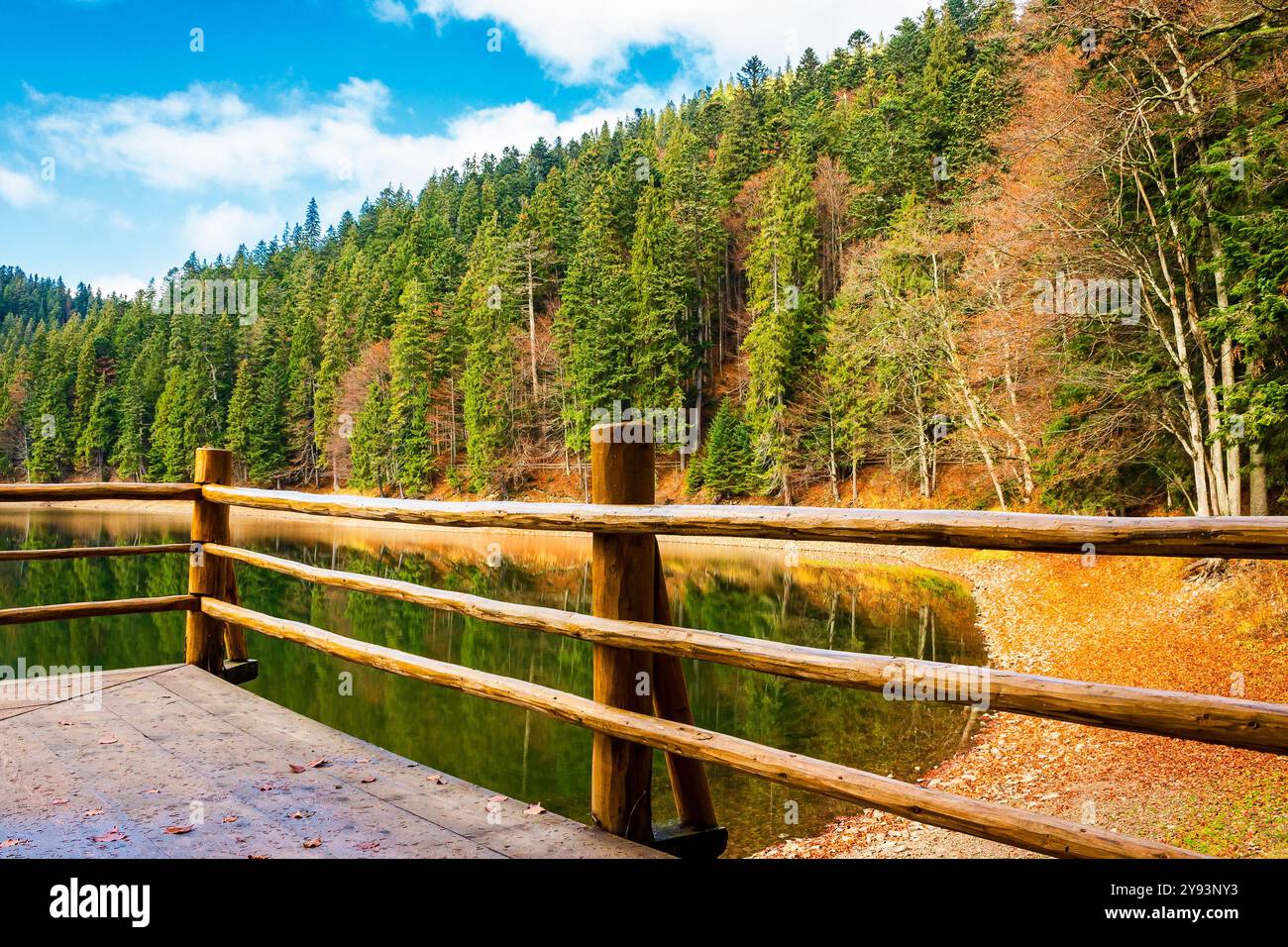 wooden pier on the lake synevyr in autumn. mountain landscape on a sunny day. scenery reflecting in the water. scenic outdoor stillness Stock Photo
