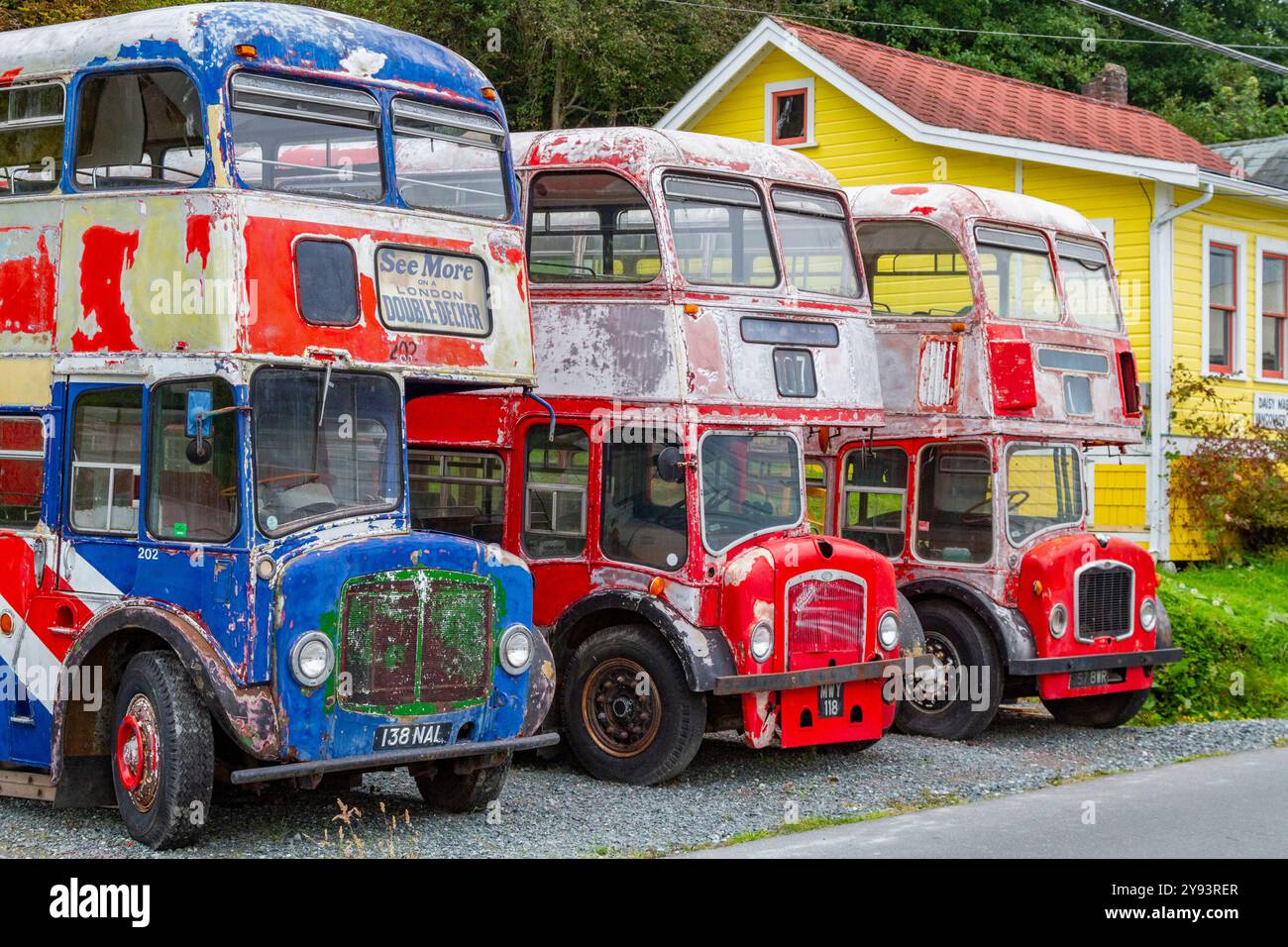 London double-decker buses in the First Nations Kwakwaka'wakw people's town of Alert Bay, British Columbia, Canada, North America Stock Photo