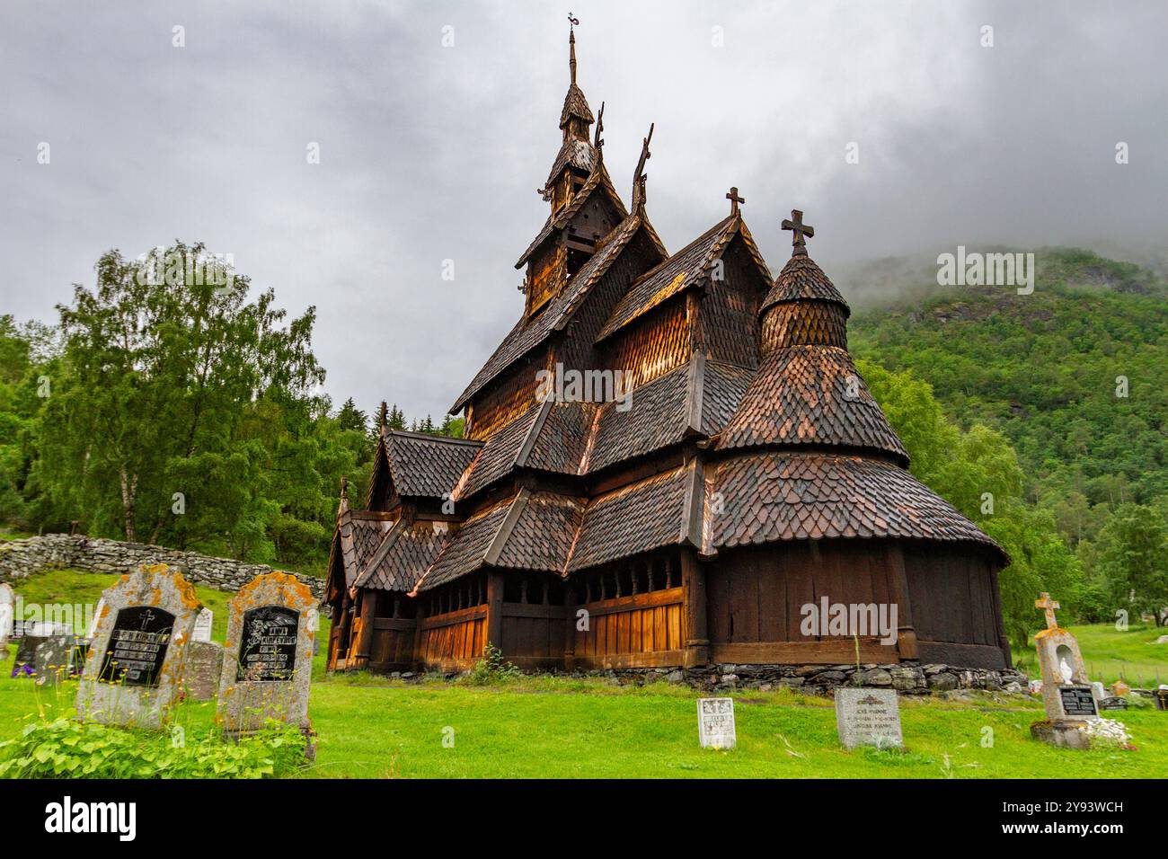 Borgund stave church, a triple-nave stave church of the Sogn-type, built around AD 1180, Borgund, Vestland, Norway, Scandinavia, Europe Stock Photo