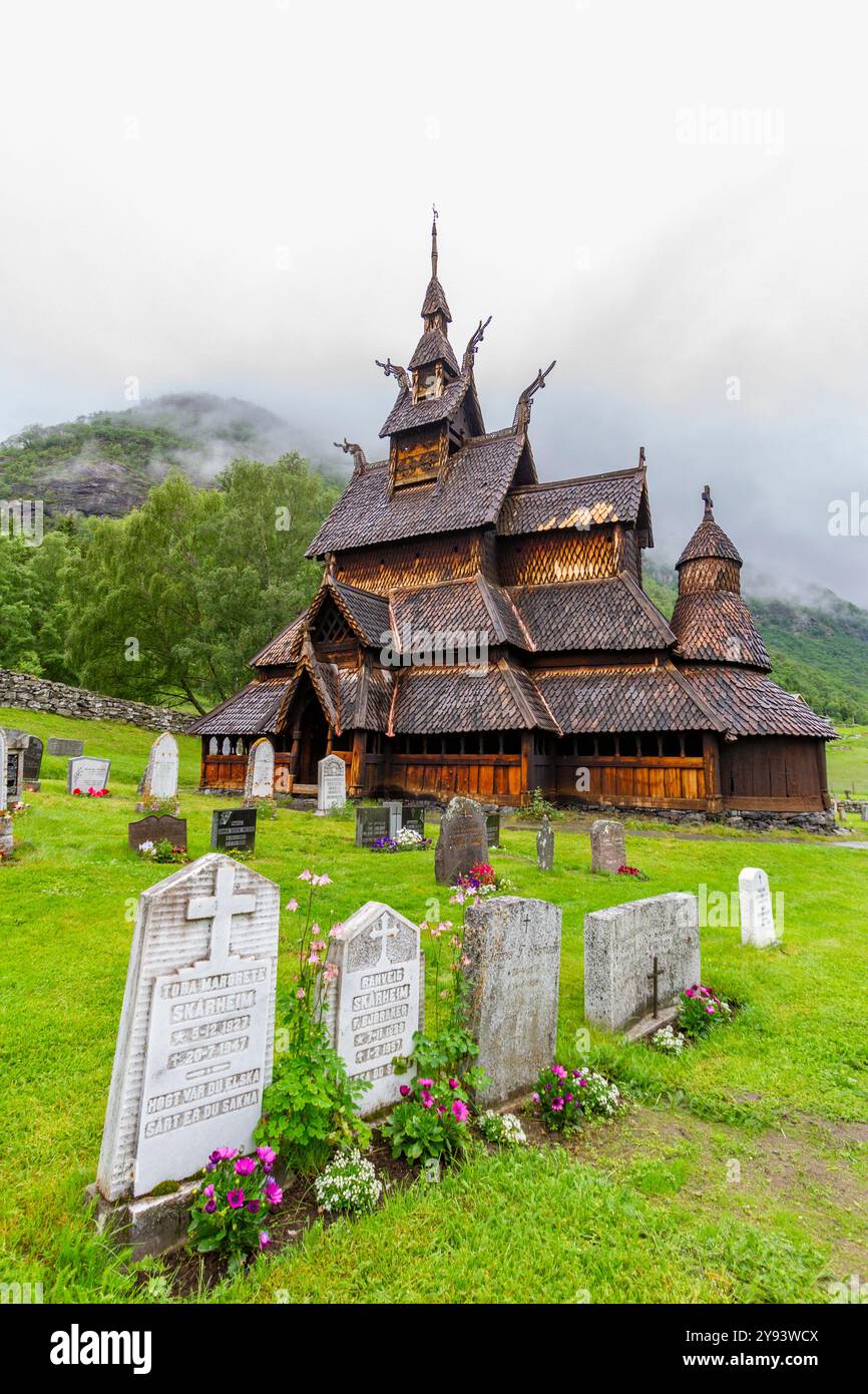 Borgund stave church, a triple-nave stave church of the Sogn-type, built around AD 1180, Borgund, Vestland, Norway, Scandinavia, Europe Stock Photo