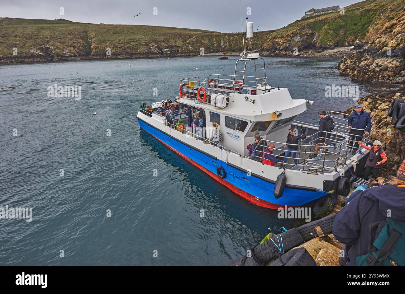 The Skomer ferry getting ready to pick up passengers on Skomer Island, off the coast of Pembrokeshire, Wales, United Kingdom, Europe Stock Photo