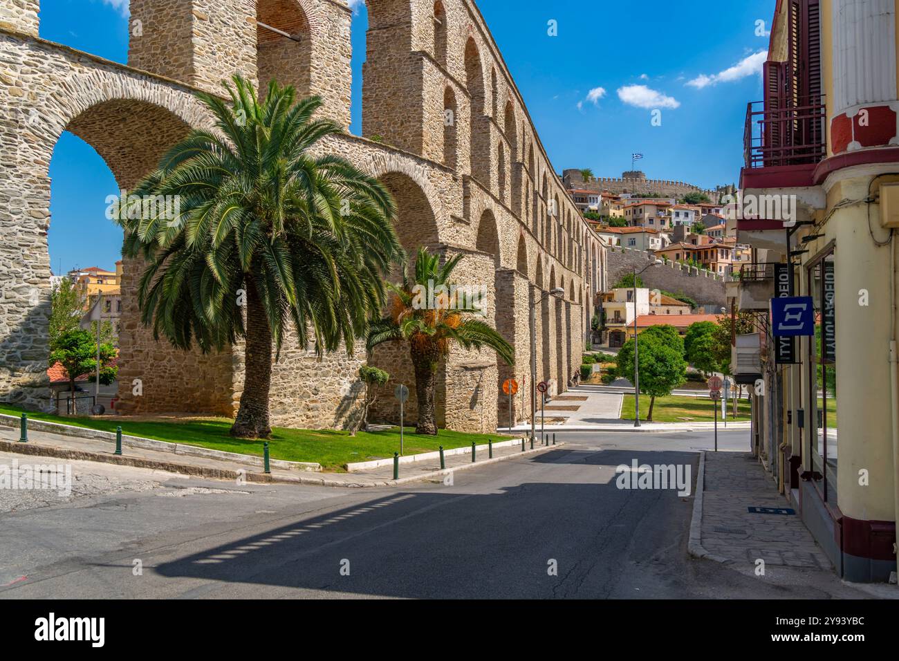 View of Aqueduct from the Ottoman era and Kavala Fortress, Dimos Kavalas, Eastern Macedonia and Thrace, Gulf of Thasos, Greece Stock Photo