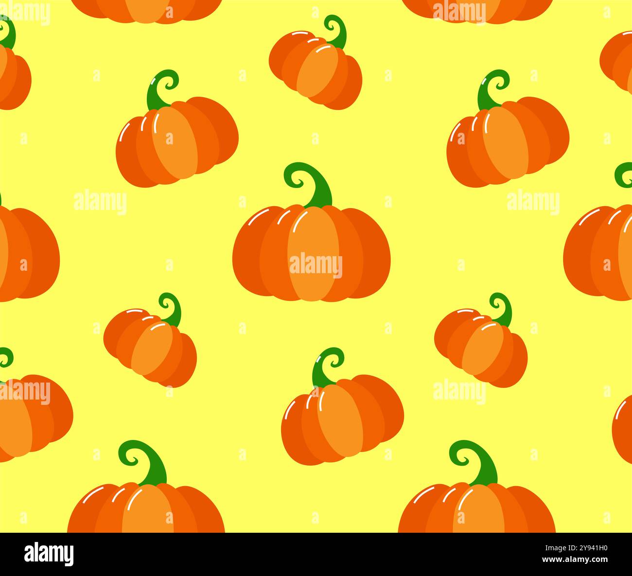 Cosy autumn pumpkins pattern on yellow background. Orange cartoon pumpkins. Cute design for wrappin, decoration, home decor, kids textile Stock Vector