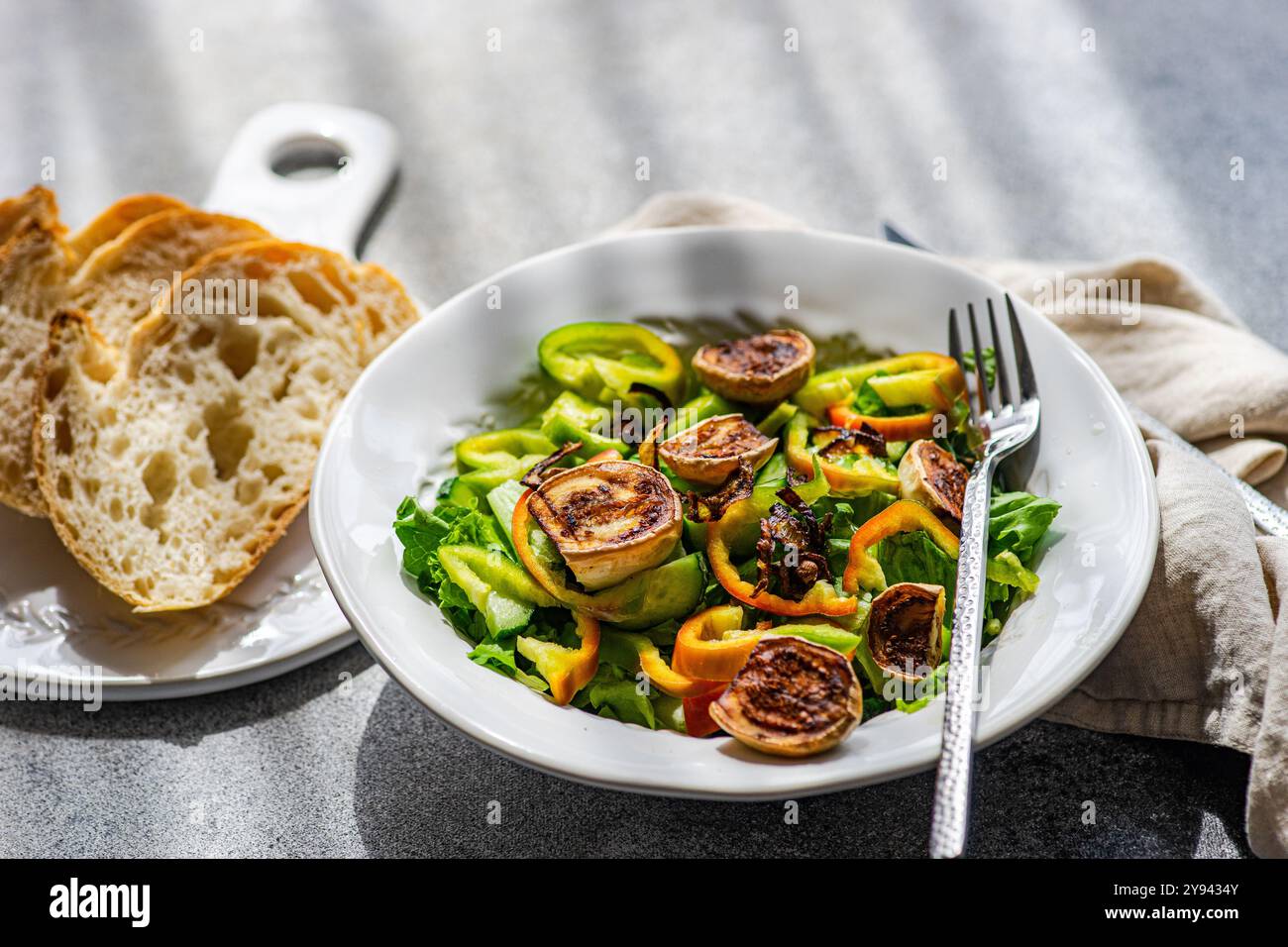 A delectable hot salad of crispy lettuce, sauteed onion rings, and charred slices of mini white eggplant. The salad is garnished with green bell peppe Stock Photo