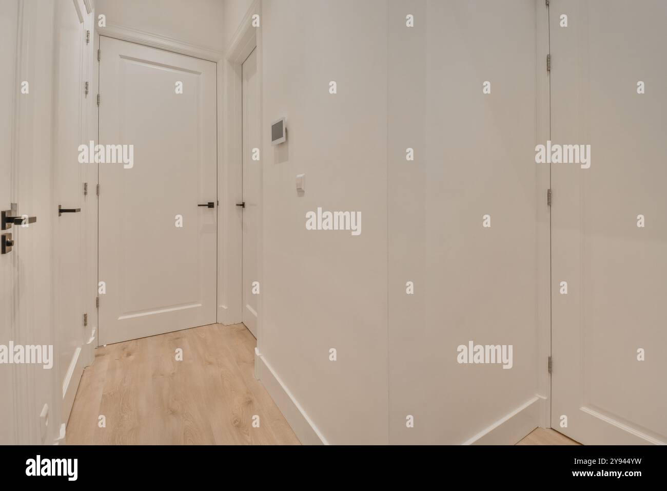 A contemporary home interior featuring two closed minimalist white doors in a clean and bright corridor with wooden flooring. Stock Photo