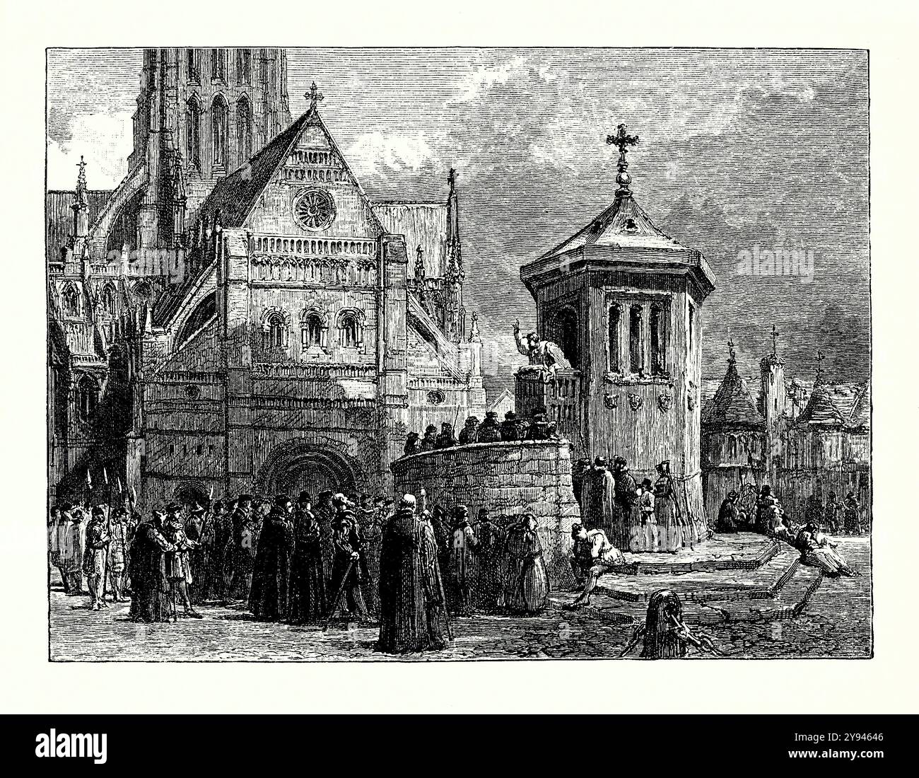 An old engraving of Pauls Cross, St Paul’s Cathedral, City of London, England, UK c.1600. It is from a Victorian history book of c.1900. Paul's Cross was a preaching cross and open-air pulpit in St Paul's Churchyard, the grounds of Old St Paul's Cathedral. It was the most important public pulpit in the Tudor and Stuart eras, and many of the most important statements on the political and religious changes brought by the Reformation were made public from here. The pulpit stood in ‘the Cross yard’. It was destroyed c.1640. The old cathedral was destroyed in the Great Fire of London in 1666. Stock Photo