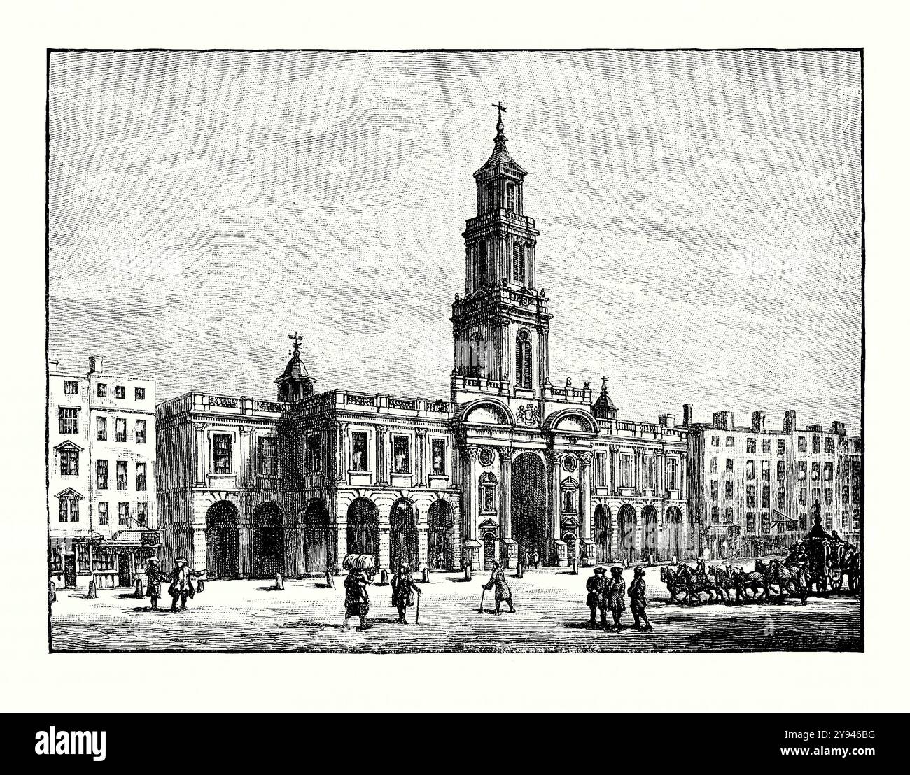 An old engraving of the second Royal Exchange building, Corn Hill, City of London, England, UK c.1700. It is from a Victorian history book of c.1900. The Royal Exchange in London was founded in the 16th century by the merchant Sir Thomas Gresham. The original The Royal Exchange was destroyed in the Great Fire of London of 1666. This second complex was built on the site, designed by Edward Jerman and opened in 1669. It featured a tall wooden tower over the south entrance. The second Exchange burned down on 10 January 1838 in a fire caused by an overheated stove. Stock Photo