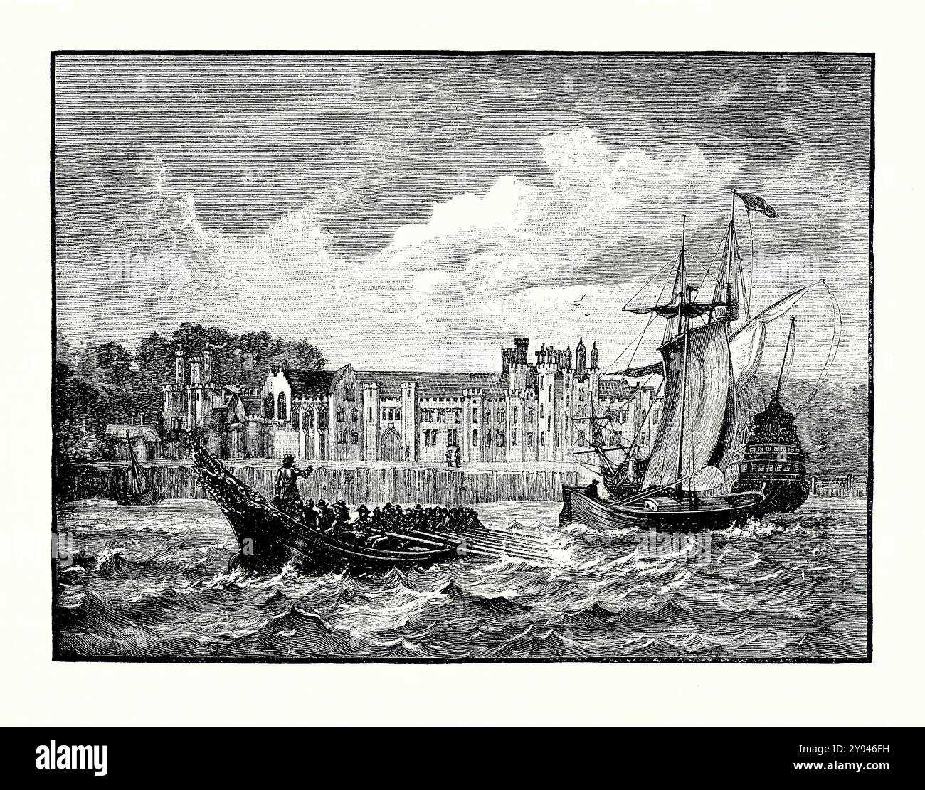 An old engraving of old Greenwich Palace, Greenwich, east London, England, UK c.1600. It is from a Victorian history book of c.1900. The building was also known as the Palace of Placentia, and was an English royal residence, built by prince Humphrey, Duke of Gloucester, in 1443. The Tudor-style palace was designed for pleasure, entertainment and an escape from the city. It was located on the south bank of the River Thames. During the early 1600s the palace was rebuilt in the classical style by Inigo Jones. Stock Photo