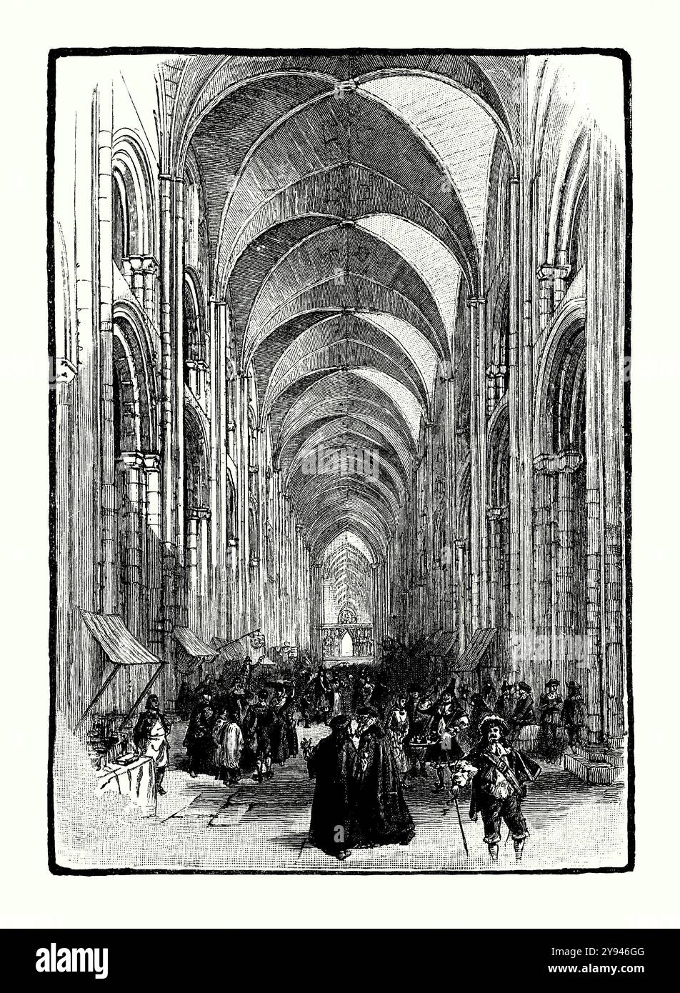 An old engraving of the interior of old St Paul’s Cathedral, City of London, England, UK in c.1600. It is from a Victorian history book of c.1900. The nave aisle (‘Paul's walk’), with a Norman triforium and vaulted ceiling, became a busy social hub and business centre. Old St Paul's Cathedral was built from 1087 to 1314. At its completion in the mid-14th century, the cathedral was one of the longest churches in the world. The cathedral was devastated in the Great Fire of London of 1666. It was demolished, and the present cathedral was built on the site. Stock Photo