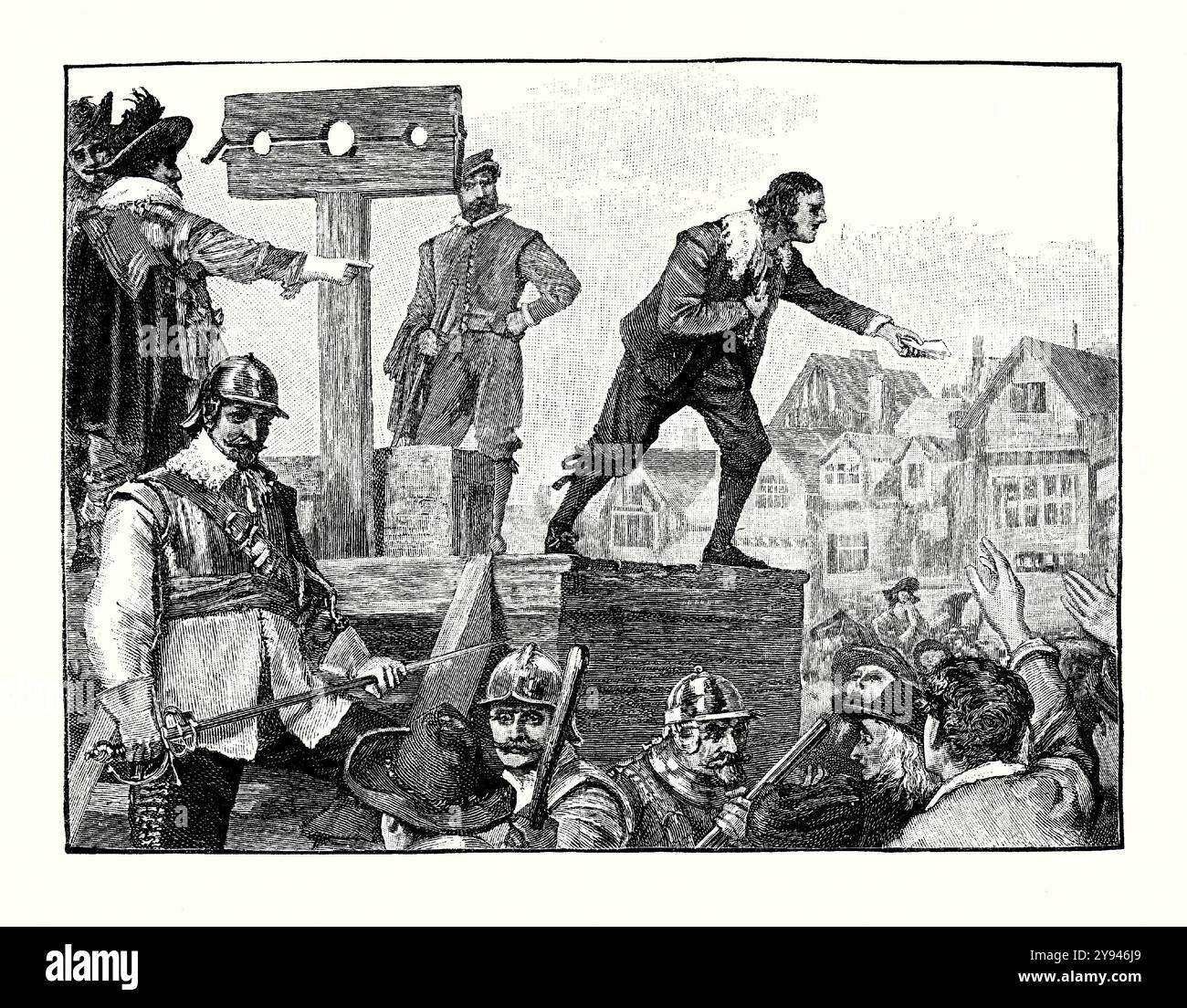 An old engraving of John Lilburne at the pillory, Westminster, London, England, UK in 1638. It is from a Victorian history book of c.1900. Related to the stocks, a pillory is a device made of a wooden or metal framework erected on a post, with holes for securing the head and hands, used punishment by humiliation and flogging. Lilburne (Freeborn John) was an English political Leveller and writer. Found guilty of circulating unlicensed books, he was flogged with a three-thonged whip. That was the first in a series of trials for what John Lilburne called his ‘freeborn rights’. Stock Photo