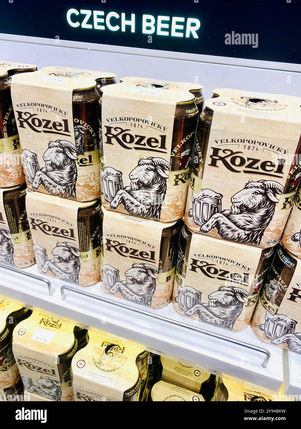 Czech beer, cans of Kozel beer lager for sale at Prague international airport, Czech Republic,Europe,2024 - Smartphone Captured Stock Image